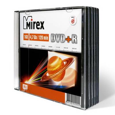 Диск DVD+R Mirex [UL130013A1F], упаковка 5 штук, Slim Case (4.7 Gb /120 min, 16X)